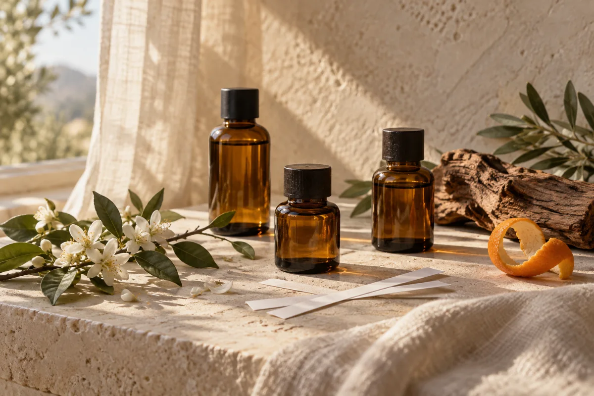 Évocation d’un univers de parfumeur : flacons ambrés, fleurs et matières naturelles