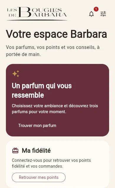 Aperçu de l’application Barbara : suggestions de parfums et accès aux points fidélité.