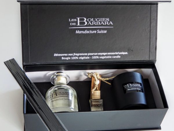 Les Bougies de Barbara - Coffret 3 pièces Capilla, Parfum Voiture et Bougie ZEN verre noir