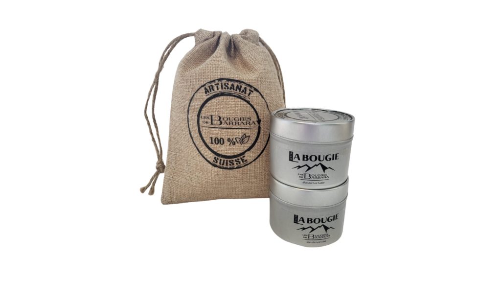 Duo de bougies métal 110 g – sac en jute