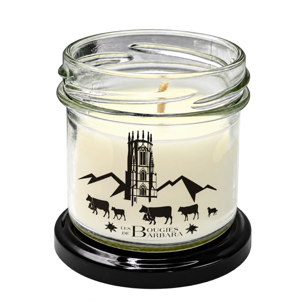 Bougie Poya 90 g Cathédrale de Fribourg : vaches portant des patins de hockey autour du cou, en hommage à Fribourg-Gottéron